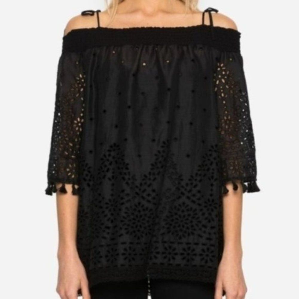 JOHNNY WAS Hailey Off-the-Shoulder Black Blouse